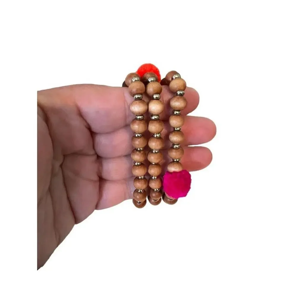 Baublebar Wood Beaded Stretch Bracelet Pom Pom Tribal Three Strand